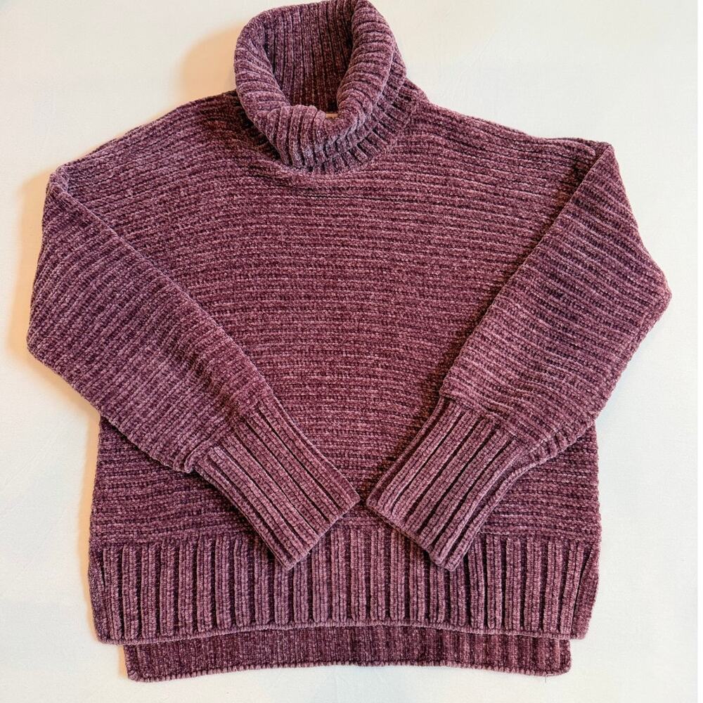 Pink Rose Velvet Chenille Cowl Neck Sweater Mauve Plum Purple Drop Shoulder Sz M